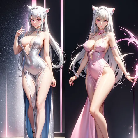 Silver hair, pink eyes, body, cat ears, sexy girl, earrings, pink background fantasy, long dress