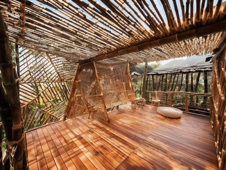 there is a wooden deck with a wooden bench and a wooden fence, rustic, wooden structures, indoor, wood, deck, bamboo huts, sustainable architecture, bamboo, vegetal architecture, by Matteo Pérez, with backdrop of natural light, by Elias Ravanetti, archdail...