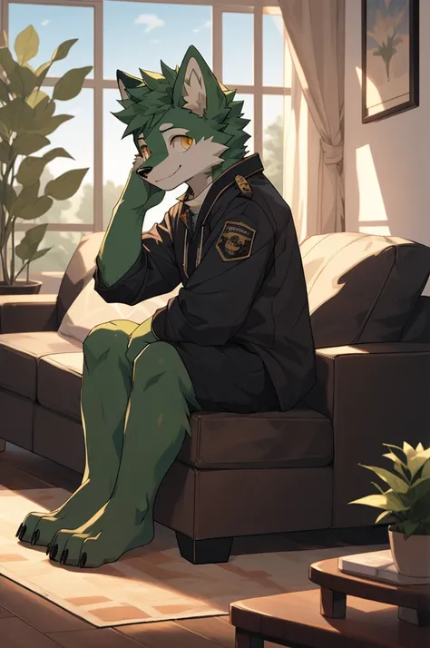 (highest resolution, Dynamic HDR, 4K, full HD) , furry, 18 years old, green fur wolf, green body, yellow eyes, Random clothes, shrink, bodyส่วนบน, round_cornea, Sad smiling face, cute, living room, slim_body