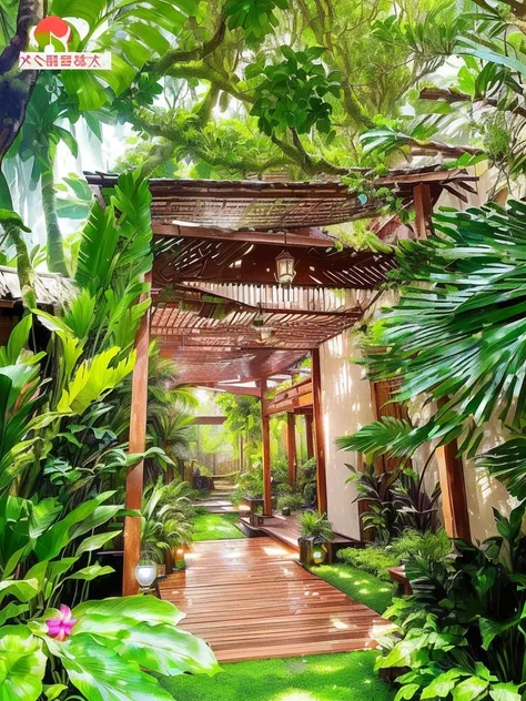 a view of a wooden walkway with a pergol roof and a wooden deck, vibrant greenery outside, lush garden surroundings, lush surroundings, tropical setting, archways made of lush greenery, lush plants and lanterns, dense with greenery, paradise garden massage...