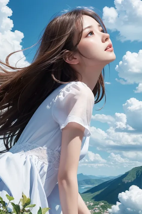 masterpiece, Highest quality, (Highly detailed CG synthesis 8k wallpaper) (Highest quality), (Best illustrations), (The best shade)、Very meticulous, blue sky、Various clouds、Amazingly beautiful, Summer Clouds、A girl on top of a small hill is looking up at t...