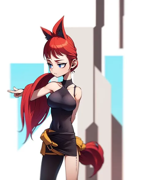 Tall girl with long red hair with cat ears wears a dark blue sleeveless t-shirt and has semi-loose black pants, has a light blue scarf around her waist, has semi-marked muscles and large breasts, wide hips and has a tail. of a pink cat with a tender expres...