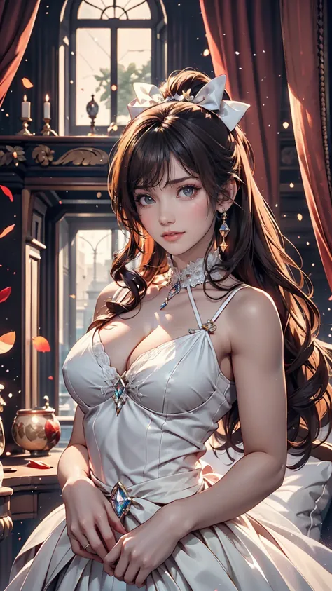 Dramatic composition, Court-style dress, Royal, nice, カスケードFrills, Frills, bow, Crystal Chandelier, Roman Curly Hairstyles, to place, Drill-like double ponytail, Looking at the camera, bangs, Maximalism, Palace-like background, Delicate depiction of hair a...