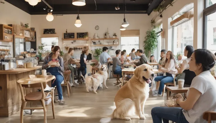 Interior of a bustling dog cafe, bright and warm lighting. Center focus: a happy Golden Retriever wagging its tail enthusiastically. The dog is surrounded by diverse cafe patrons (mix of ages and genders) sitting at tables or standing nearby. All customers...