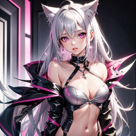 Silver hair, pink eyes, body, cat ears, sexy girl, earrings, love background fantasy, outfits 