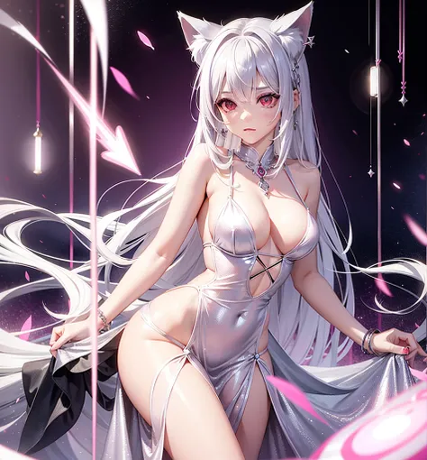 Silver hair, pink eyes, body, cat ears, sexy girl, earrings, pink background fantasy, long dress