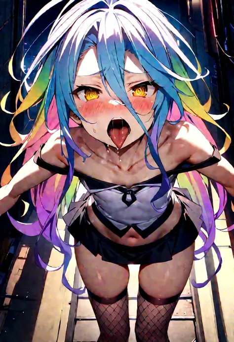 NSFW,masterpiece,Highest quality,High resolution,Super detailed,Shiro (no game No life),Long Hair,Multicolored Hair,Hair between the eyes,Gradient Hair,Yellow Eyes,Flat Chest,Slave,Off the shoulder,cropped,Micro Mini Skirt,Fishnet tights,Downtown at night,...