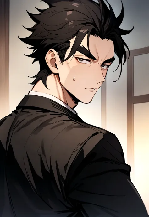 (Highest quality, masterpiece, anime), 1 male, Age 40, Black eyes, Asian, chiseled face, tall, dark hair, Combed-back hair, crisp eyebrows, large eyes, black suit, 4K, Highest quality, View your viewers