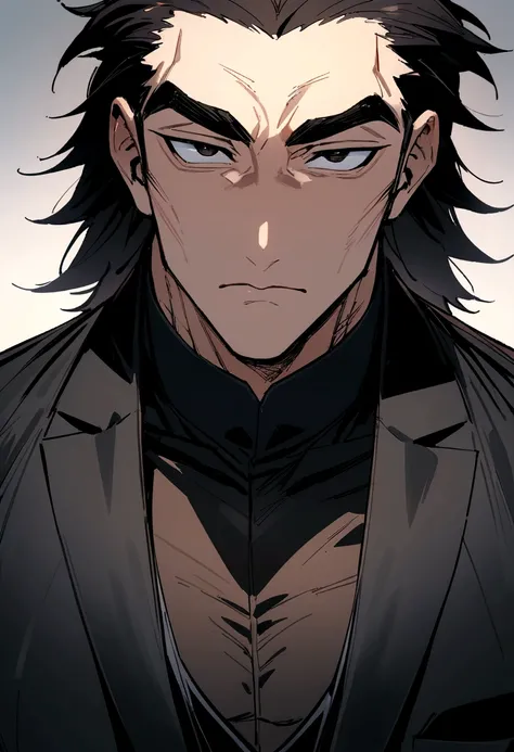 (Highest quality, masterpiece, anime), 1 male, Age 40, Black eyes, Asian, chiseled face, tall, dark hair, Combed-back hair, crisp eyebrows, large eyes, black suit, 4K, Highest quality, View your viewers