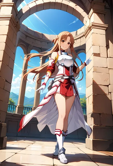 ((masterpiece)), highest quality, very detailed,(one girl),yuuki asuna、asuna(stay), brown eyes, bare shoulders, breastplate, arm...