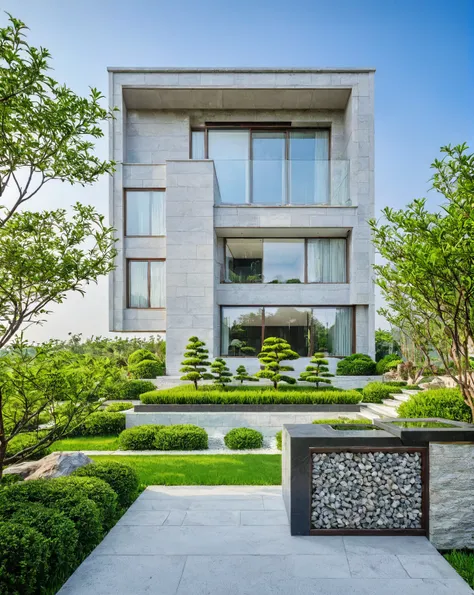 qlcd,tingyuan, photo of modern villa, grassland, garden, shrubs and trees, rock decoration, clear sky, sun light, realistic phot...