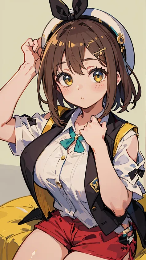 (Highest quality, 8K, masterpiece :1.3),Lizaリン・シュタウト(Lizaのアトリエ),Liza,Plump, One woman,Large Breasts,short hair,Brown Hair,hair band,Clothing,hat,White shirt,Yellow vest,Red shorts,