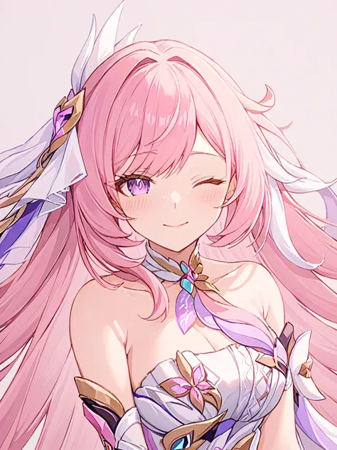 1girl, elysia \(honkai impact\), solo, one eye closed, white gloves, gloves, dress, looking at viewer, smile, white dress, close...