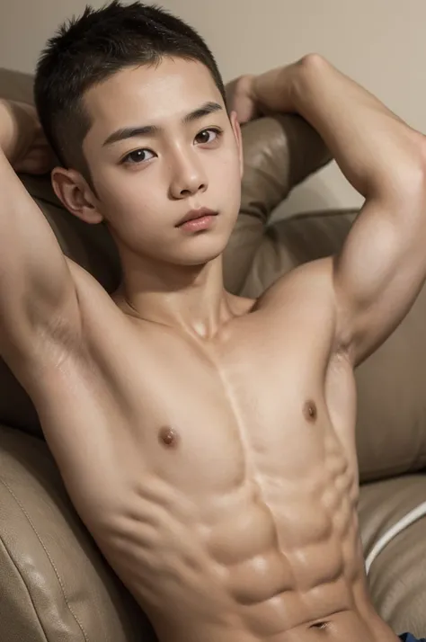 A 9-year-old boy with delicate features，Buzz cut，Chest muscles，Look up at the camera