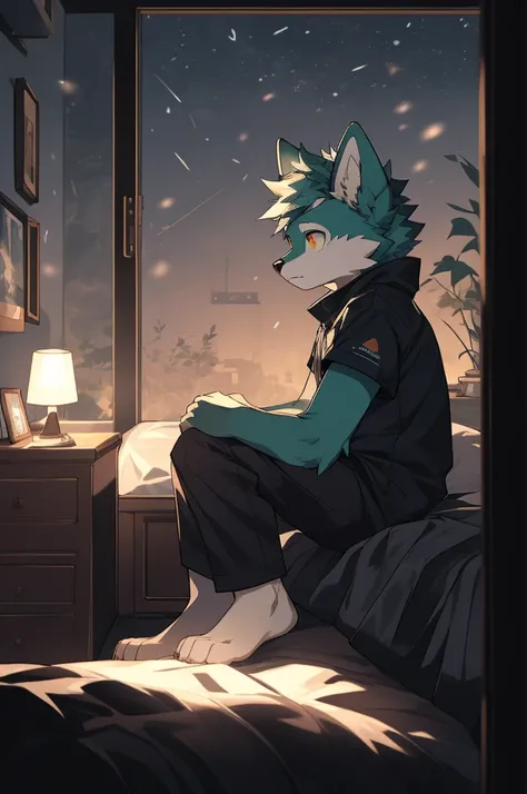 (highest resolution, Dynamic HDR, 4K, full HD) , furry, 18 years old, green fur wolf, green body, yellow eyes, Random clothes, round_cornea, sad face, cute, bedroom, slim_body, นั่งพิงกำแพงในbedroom, The atmosphere is gloomy., nighttime, Dark room with no ...