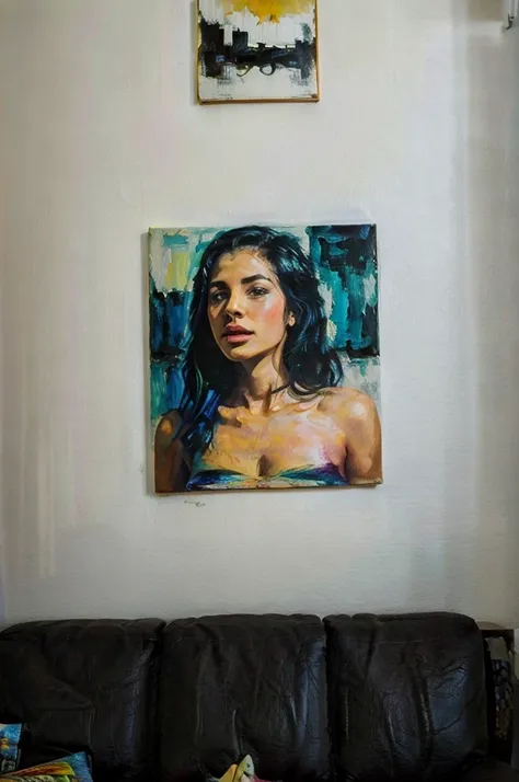 stylish , hyper-modern home living room, bright day, modern art surrealist painting of woman  on wall