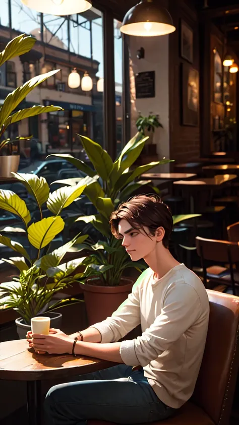 casual photography, man relaxing at a cafe, morning, warm soft lighting, plants,Thin eyebrows,Dark brown hair