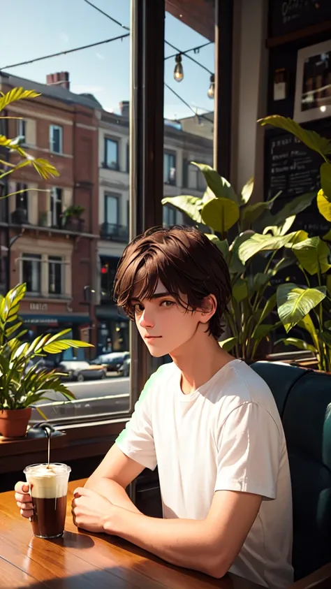 casual photography, man relaxing at a cafe, morning, warm soft lighting, plants,Thin eyebrows,Dark brown hair