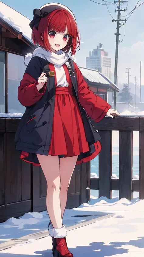 masterpiece、Very detailed、(1 Girl:1.2)、Redhead、Big eyes、(close)、smile、short hair、(((Anime Style)))、(((2D)))、Red eyes、Open your mouth、(((Winter clothes)))、8K、(((M-shaped legs)))、((((NFSW))))