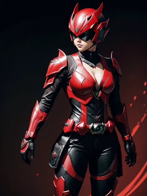 1 female. kamen rider. dragon styled kamen rider. red and black female kamen rider suit with cleavage. dragon styled full face k...