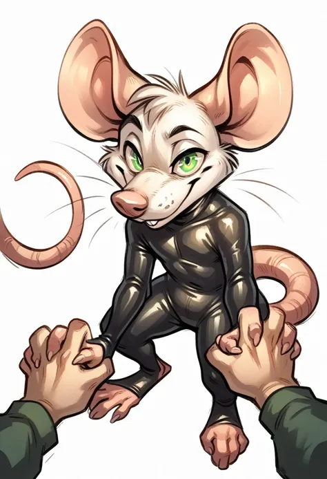 living-latex, rat, looking at viewer, swirly eyes, grabbing hands, green and black