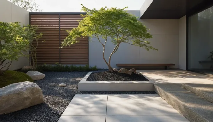 quantum lcd,garden,no humans,tree,landscape,outdoor,sky,stairs,plant,fence,this picture shows a modern courtyard landscape. on t...