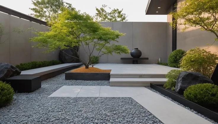 quantum lcd,garden,no humans,tree,landscape,outdoor,sky,stairs,plant,fence,this picture shows a modern courtyard landscape. on t...