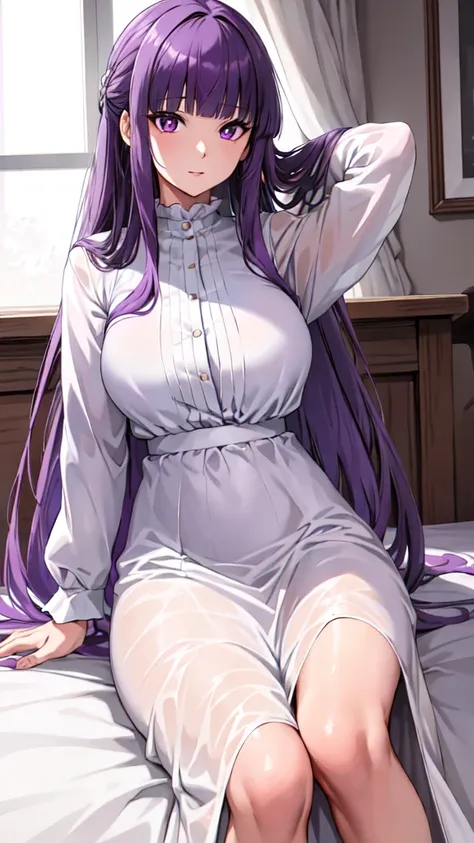 masterpiece, Highest quality, High resolution, Arfern, Long Hair, Purple Hair, Blunt bangs, Purple eyes, Large Breasts, Long dress, White Dress, Long sleeve, Sitting,arms behind head, Bedroom, Cowboy Shot,