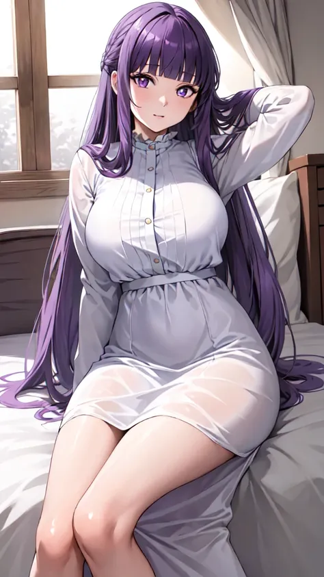 masterpiece, highest quality, high resolution, arfern, long hair, purple hair, blunt bangs, purple eyes, large breasts, long dre...