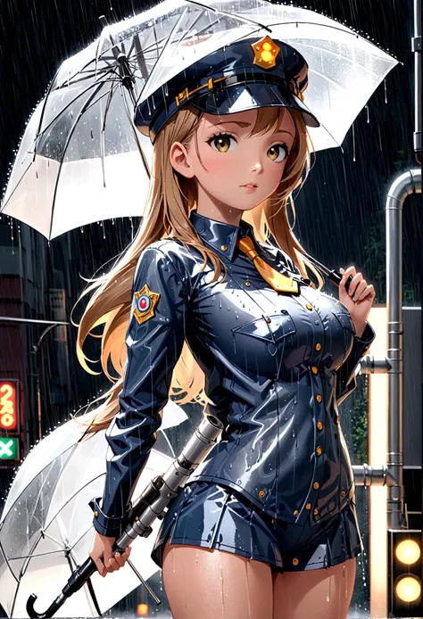 A female version of Inspector Gadget (cute sexy inspector 2 piece outfit, detective hat that has opened at the top and extended a robot arm holding an umbrella), downpour rain, new york
