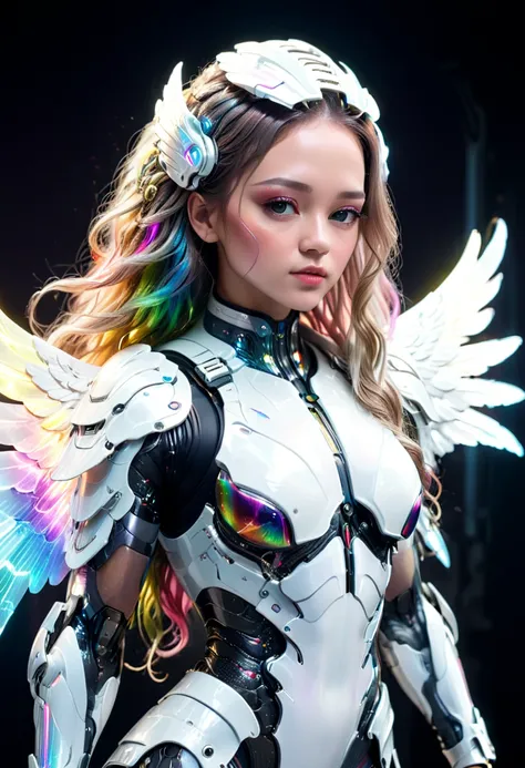 cyborg fighter, large wings, white cyberpunk armor, acrylic clear cover, long rainbow wavy hair, glowing skin, cyberpunk style, ...