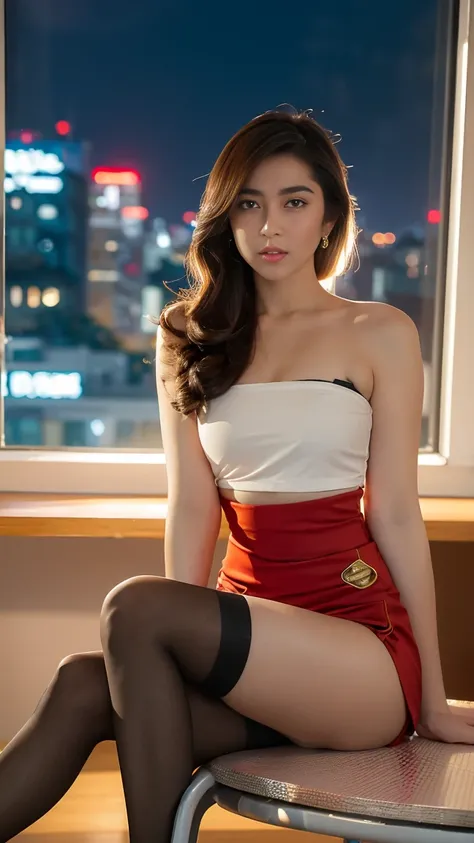 in the office，a young beautiful lady，Wear professional attire，suit，red bandeau underwear，slit covered skirt。Bigger and wider hips，thin waist，some。Dressed up with jewelry，earrings，watch，High heel，black stockings。Painted with light makeup，beautiful eyeeautif...