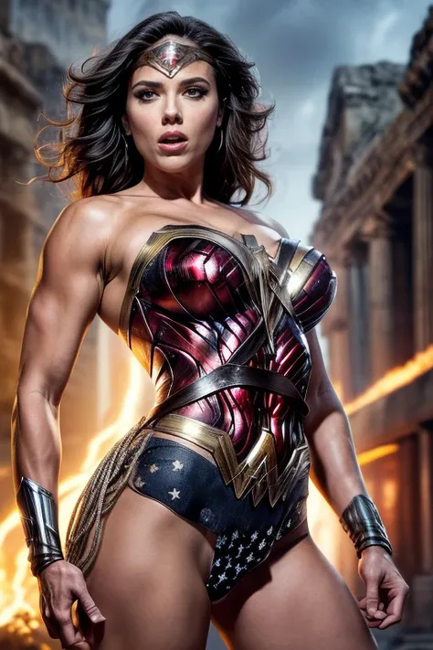 art image of (scarlett johansonn) as wonder woman,looking at viewer,fierce facial expression, busty, beautiful, black hair, larg...