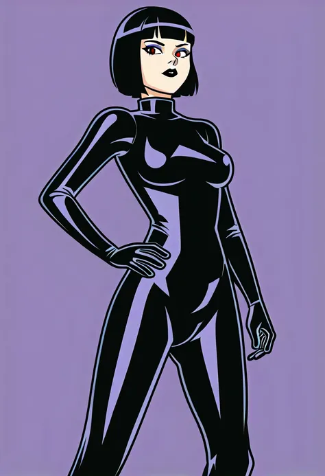 ((1girl, solo)), light skin, red eyes, black hair, bob cut, blunt bangs, short hair, ((turtleneck, skin tight leotard, latex leo...