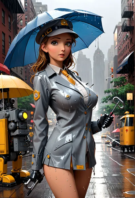 A female version of Inspector Gadget (cute sexy inspector 2 piece outfit, detective hat that has opened at the top and extended a robot arm holding an umbrella), downpour rain, new york
