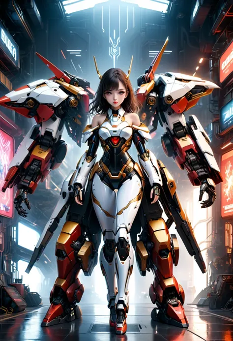 a photorealistic portrait of a beautiful 20-year-old girl wearing a red, gold, black and white off-shoulder sci-fi armor, her en...