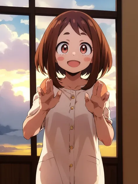 ochaco_uraraka, 1woman, solo, blush_stickers, open_mouth, looking_at_viewer, smile, :d, outdoors, blush, waving, window, cowboy_shot, standing, cloudy_sky, hands_up, micro bikini,