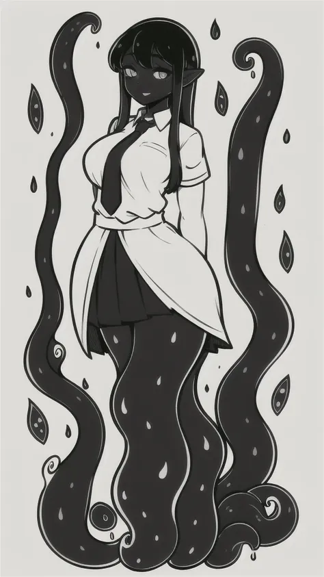 (1girl ,20s,mature female,adult),happy,white shirt,short sleeves,black standard tie,white school skirt,black hair,long hair,((shoggoth body,pure dark skin,colored skin)),full body,(white backgroound,line drawing)