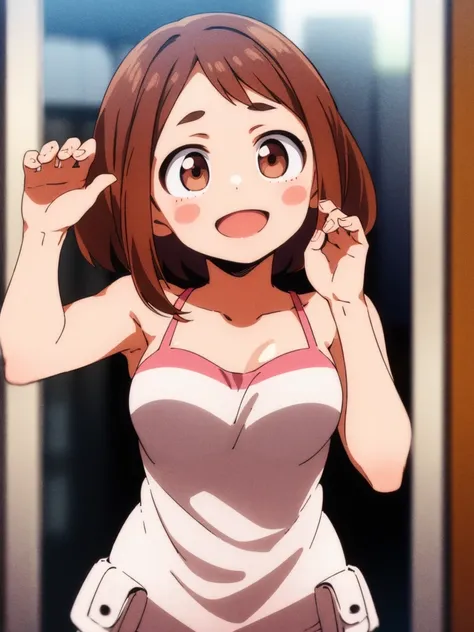 ochaco_uraraka, 1woman, solo, blush_stickers, open_mouth, looking_at_viewer, smile, :d, outdoors, blush, waving, window, cowboy_shot, standing, cloudy_sky, hands_up, bikini,