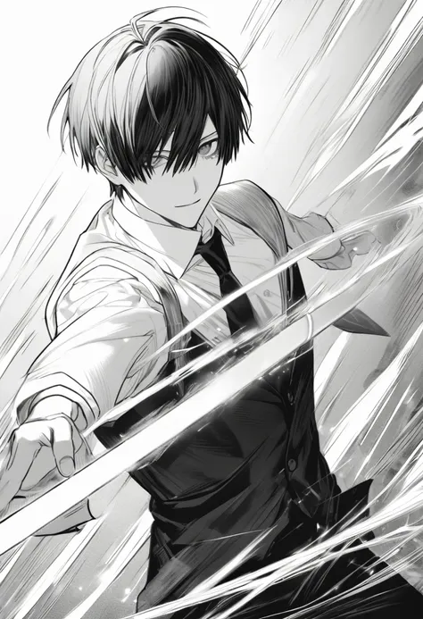 yuto-sano, 1boy, kaneki, black hair, black suit, white shirt, armor,  elegant, monochrome, solo, greyscale, male focus, looking ...