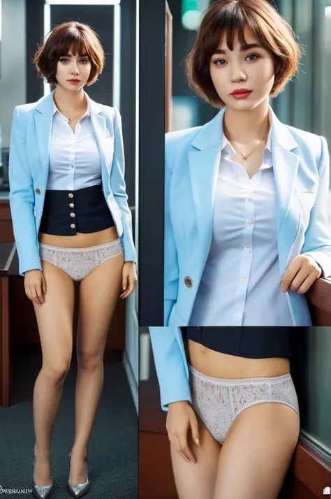 a 19 year old face of the most beautiful actress in the world, the short hair cut of a female is just like male one, the perfect body proportions of a female, blazer is worn on blouse of female upper body, panties between bare legs are almost seen thanks t...