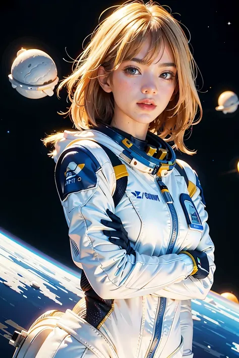 (best quality, masterpiece), 1girl, pose, particle, wind, flower, upper body, simple background, looking at viewer, blonde, galaxy, space suit, 