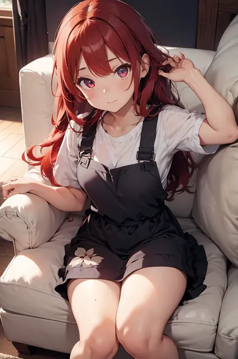 1 girl, ((realistic proportions)) , red hair, girl main focus, couch, stroking hair, stroking head, lying down, taking care of, motherly, mature, long hair, wavy hair, apron bigger eyes, (detail eyes), looking camera