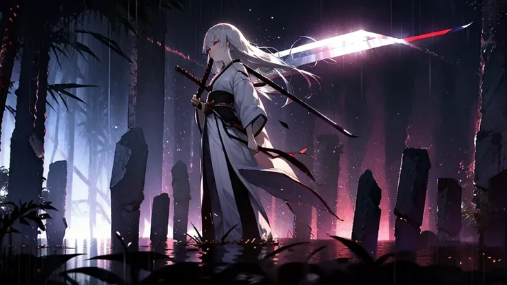 Highest quality, woman, warrior, sad, carry a sword, shade, Tears, Are standing, Recall, Semi-long gray hair, Silver Eyes, sanpaku, Pale skin, expensive, Japanese clothes, 20-year-old, Japanese, sad場面, At night, outside, In the rain