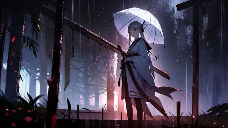 Highest quality, woman, warrior, sad, carry a sword, shade, Tears, Are standing, Recall, Semi-long gray hair, Silver Eyes, sanpaku, Pale skin, expensive, Japanese clothes, 20-year-old, Japanese, sad場面, At night, outside, In the rain