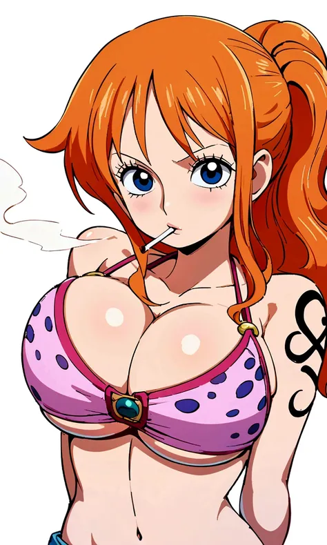 a cartoon picture of a woman in a bikini top and jeans, nami one piece, nami from one piece, nami, beautiful portrait of nami, from one piece, oppai, blue eyes, smoking, ponytail