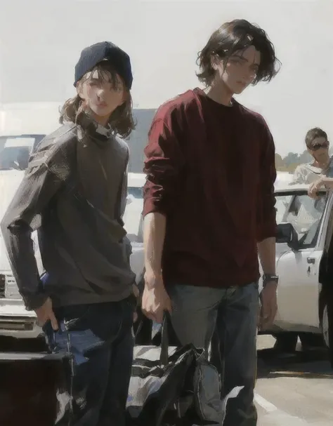 two teenagers standing next to each other, mid 90s, igla movie shot, road trip, movie scene, cinestill!!, clear features, masterpiece, detailed face