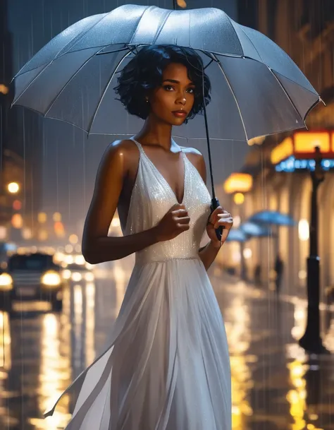 1 lady with an umbrella in the rain, in a white evening dress, focus only, (dark skin:1.3), short hair, black hair, wavy hair, the background is a metropolis at night, blurred background, masterpiece, The best quality, detailed, beautiful