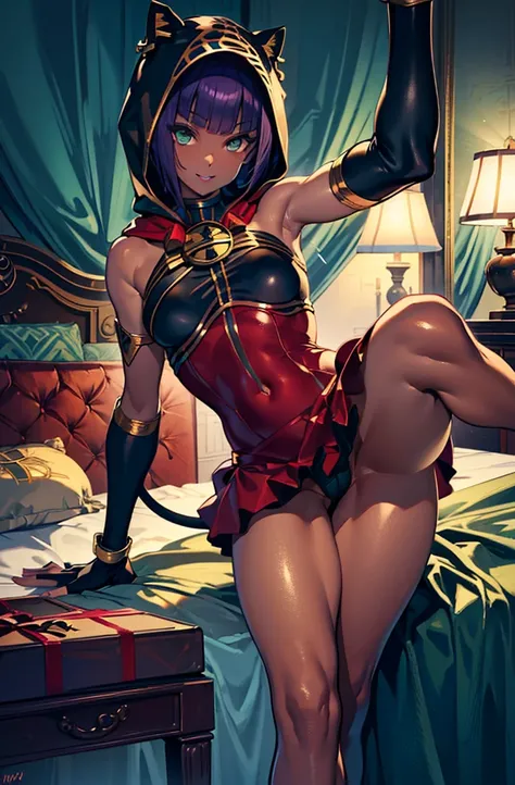 Masterpiece, best quality, absurdres, ((1girl)), , menat_holiday,  light smile, dark skin, Green eyes, egyptian, bob cut, red dress, (black hood), black gloves,(shiny thighs),, , bare shoulders,sexy thighs,(((beautiful leg))),((solo)),panty shot,evil smile...