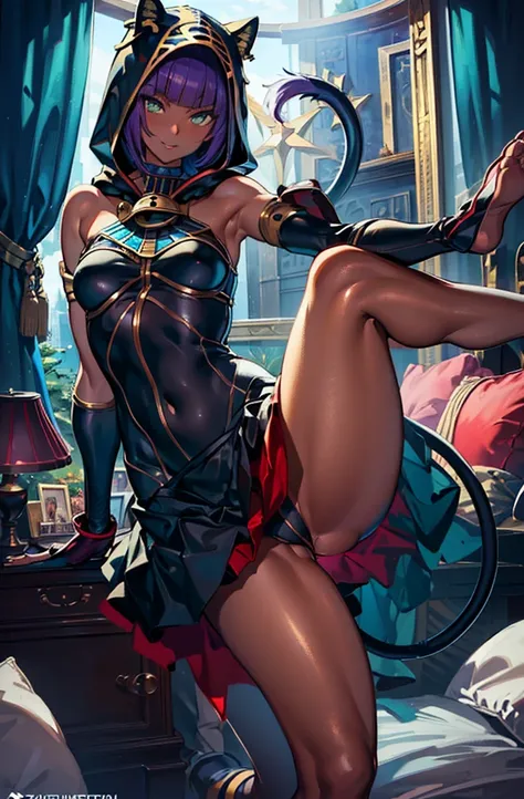 Masterpiece, best quality, absurdres, ((1girl)), , menat_holiday,  light smile, dark skin, Green eyes, egyptian, bob cut, red dress, (black hood), black gloves,(shiny thighs),, , bare shoulders,sexy thighs,(((beautiful leg))),((solo)),panty shot,evil smile...